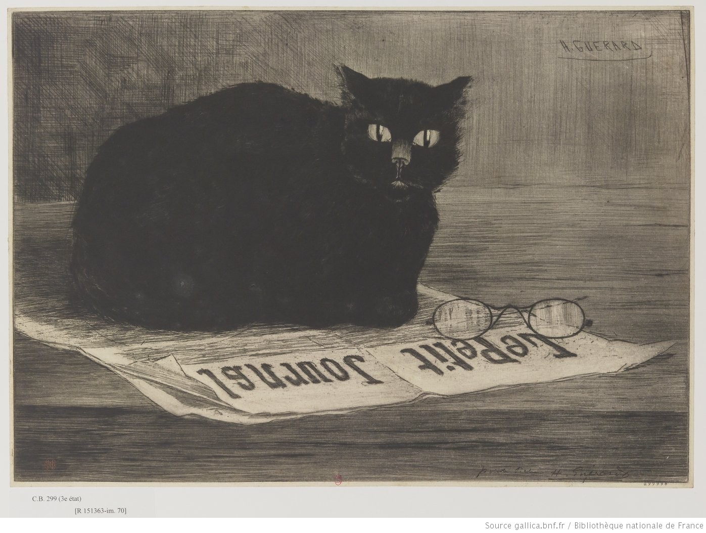Chat noir sur journal, Henri Guérard, 1897 (source gallica : https://gallica.bnf.fr/ark:/12148/btv1b10531413k )